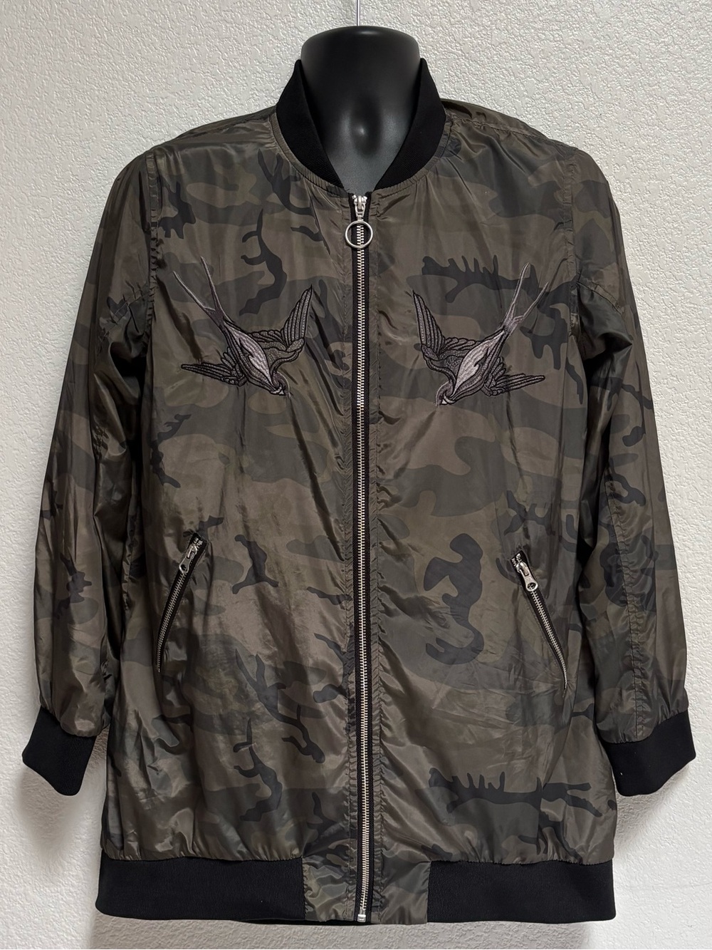 Camo Bomber Jacket with Swallow Embroidery